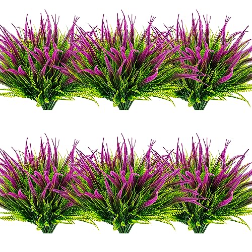 12 Bundles Outdoor Artificial Plants Flowers UV Resistant Fake Grass Plants Tropical Faux Bushes Shrubs for Home Front Porch Outside Planter Garden Landscape Décor - color: Magenta Setaria, size: 12 Pcs