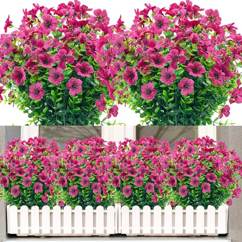 Outdoor Artificial Flowers,20 Bundles UV Resistant Fake Flower with Plastic Plants Faux Silk Flower for Home Outside and Indoor Decoration(Rose Red) - color: Rose Red, size: 20 Bundles