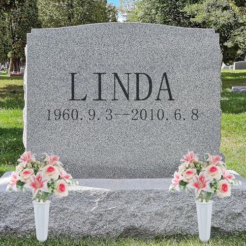 2 Set Artificial Cemetery Flowers with Grave Vase-2 Bunches Lilies & Rose Mixed Pinkish Silk Memorial Flowers-2 Cemetry Vase with Foam for Outdoor Headstones Gravesite Graveyard Decorations - color: Pinkish