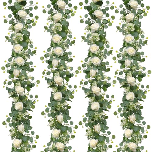 TOCHGREEN 4Pcs(26 Ft) Artificial Eucalyptus & White Rose Flower Garland, Faux Rose Vine & Gypsophila Greenery for Party & Wedding Decor (White, 4PCS) - color: White, size: 4PCS