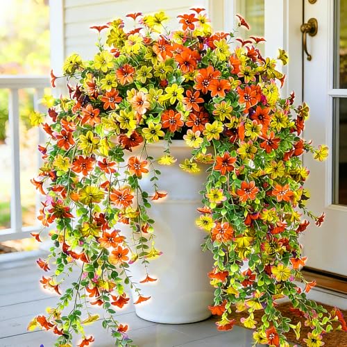 CCILAND 2 PCS Artificial Hanging Flowers for Outdoors, Fake Flower Plants UV Resistant Faux Hanging Spring Flowers for Home Porch Garden Patio Yard (Orange and Yellow) - color: Orange and Yellow