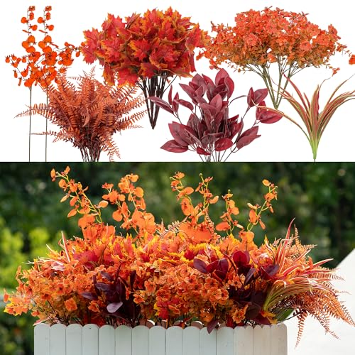 Green Moon 17PCS Artificial Fall Flowers Outdoors, Faux Orchids & Mums | UV Resistant Artificial Flowers for Outdoors Garden Patio Porch, Thanksgiving Autumn Decor Fall Decorations for Home - color: Orange Orchid