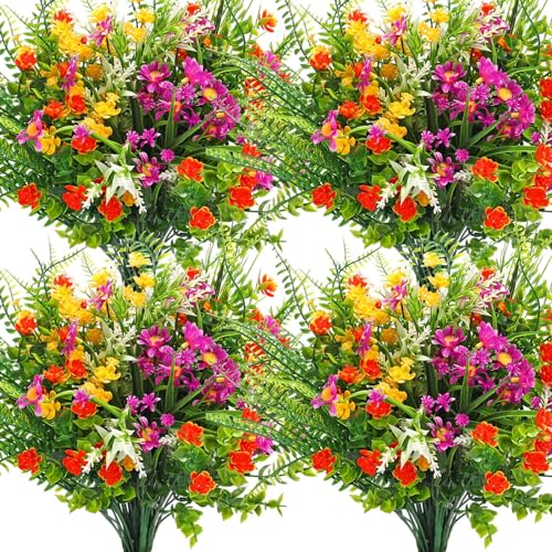 Cindeer 24 Bundles Artificial Flowers Planters Bulk for Outdoors, UV Resistant Artificial Fake Greenery Plastic Faux Flowers Plant Outdoor Indoor Spring Summer for Decors Wedding(Sweet Color) - color: Sweet Color
