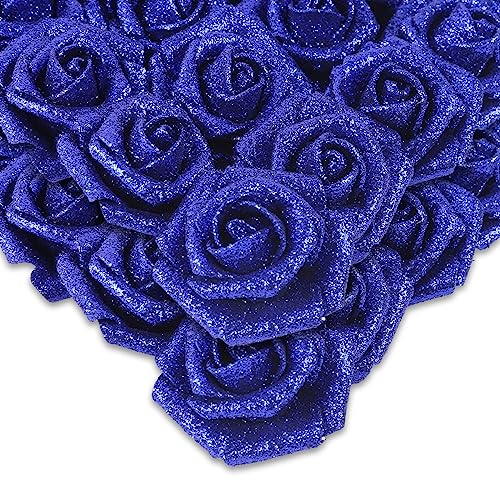 IPOPU Foam Roses,50pcs Royal Blue Glitter Roses Glitter Flowers Foam Flowers with Stem for DIY Wedding Bridal Bouquet Home Party Decoration(Royal Blue) - color: 50pcs Royal Blue