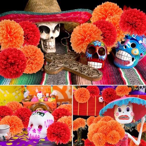 Hananona 12 Pcs Artificial Chrysanthemums Flowers Marigolds Ball Flower, Orange Fake Mums Silk Fall Flowers for Autumn Dia de Los Muertos Home Decor Day of The Dead Table Centerpiece (12, Orange) - color: Orange