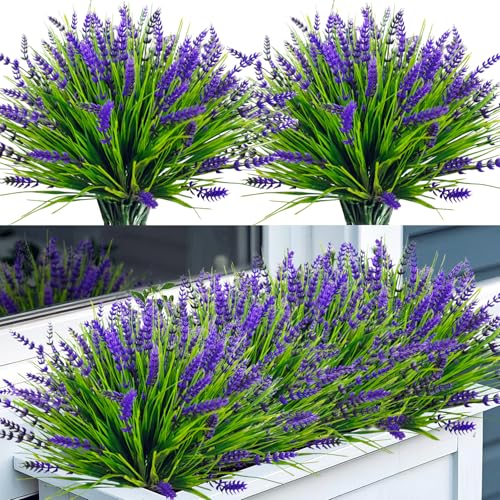 Bassion Artificial Flowers for Outdoors, 24 Bundles Fake Lavender Flowers UV Resistant Plastic Plants Faux Purple Monkey Grass for Home Porch Garden Window Box Indoor Outdoor Decorations - color: Purple, size: 24 Bundles