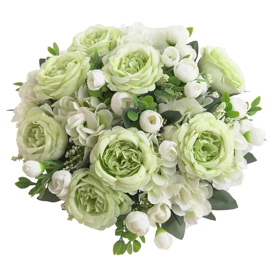 4 Bunches Peonies Artificial Flowers, Silk Peonies Flowers Fake Bouquet Faux Floral Arrangements for Centerpiece Table Wedding Party Home Decor (4, Green White) - color: Green White