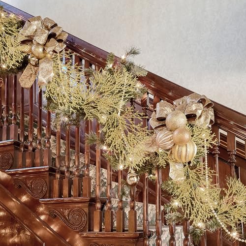 Winlyn 15 Pcs Christmas Artificial Cedar Sprays Champagne Glittered Faux Cedar Branches Stems Christmas Tree Ornament Picks 14.4" for Christmas Tree Wreath Wedding Bouquet Holiday Centerpiece - color: Champagne
