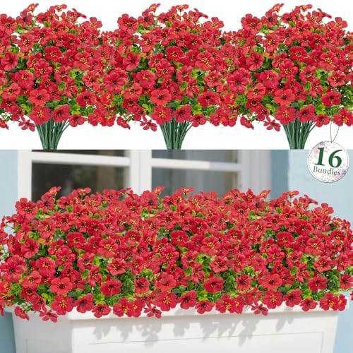 Bassion Artificial Flowers for Outdoors, 16 Bundles UV Resistant Fake Flowers Realistic Silk Faux Plants for Outdoor Planter Hanging Basket Window Box Porch Patio Garden Home Outside Decorations - color: Red