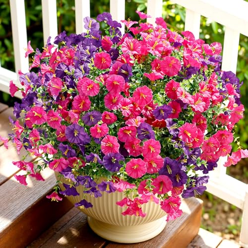 Alupssuc 24 Bundles Artificial Flowers for Outdoors, Faux Spring Flowers for Decoration, UV Resistant Silk Morning Glory with Eucalyptus Realistic Fake Flowers for Yard Planter Porch, Purple Fuchsia - color: Deeppurple & Fuchsia