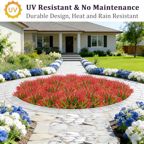 Faux Flowers for Outdoor Planters – 20 Bundles Fake Plants Outdoor, UV Resistant Artificial Plants & Flowers with Fake Monkey Grass, Faux Outdoor Plants for Porch Patio Garden Decor - color: Red – 20 Bundles