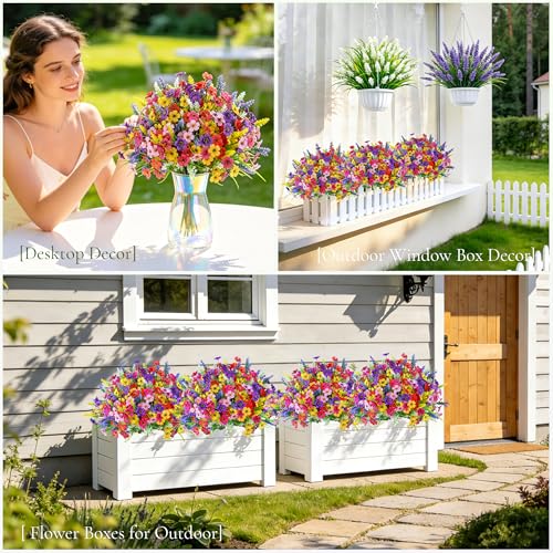 Der Rose 24 Bundles Artificial Flowers for Outdoor Fake Spring Flowers Plants UV Resistant for Home Garden Porch Window Wedding Decor - color: Multi-color B