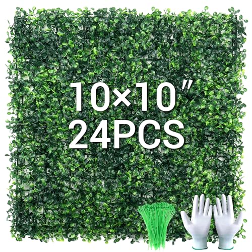 24Pcs 10” x 10” Grass Wall Panels, Artificial Greenery Backdrop Boxwood Panels with 50 Zip Ties, Anti-UV Fake Grass Decor for Indoor Outdoor Privacy Wall Garden Party (Green 24p) - color: Green 24p