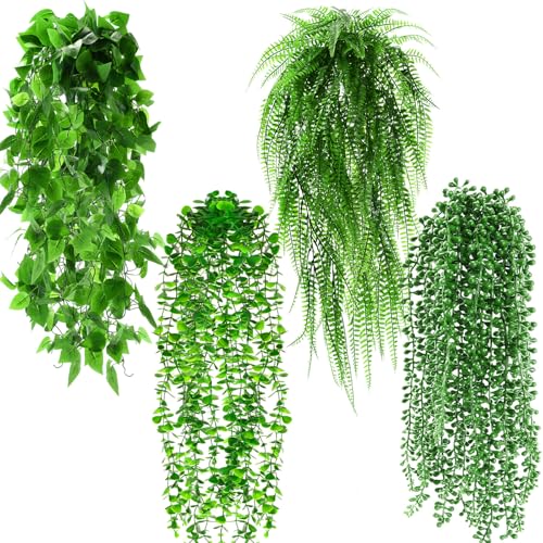 Daifunli Artificial Hanging Plants Fake Hanging Ferns Plastic Fake Plants for Wall Room Garden Garland Indoor Outdoor Decor No Basket (4 Pcs,Boston, Eucalyptus, Ivy Vine, String of Pearls) - style: Boston, Eucalyptus, Ivy Vine, String of Pearls
