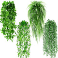 Daifunli Artificial Hanging Plants Fake Hanging Ferns Plastic Fake Plants for Wall Room Garden Garland Indoor Outdoor Decor No Basket (4 Pcs,Boston, Eucalyptus, Ivy Vine, String of Pearls) - style: Boston, Eucalyptus, Ivy Vine, String of Pearls
