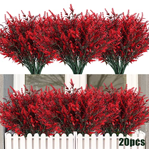 Artificial Outdoor Plants UV Resistant Artificial Greenery Lavender 20 Bundles UV Resistant Hanging Planter Flora Fence Indoor Outside Decor Wedding Table Flowers Arrangement Bouquet Filler(Red) - color: Red, size: 20 Bundles