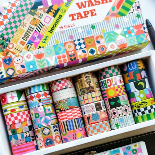 34 Rolls Geometric Washi Tape Set, Aesthetic Decorative Tape for Scrapbooking, Journaling, Bullet Journals, DIY Crafts and Gift Wrapping - color: Geometric_Collage