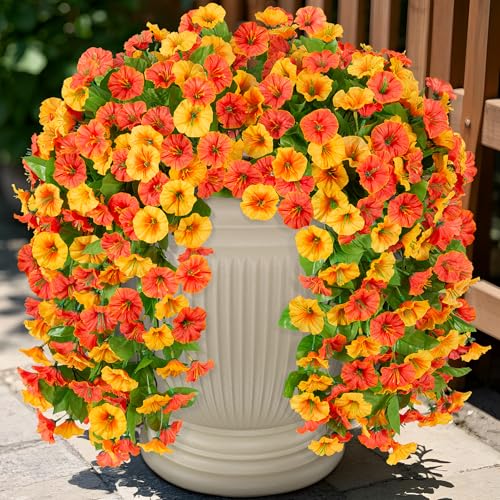 INXUGAO Artificial Fake Hanging Flowers Plants for Outdoor Decoration, 2PCS Faux Silk Morning Glory Long Vines Stems UV Resistant Look Real for Spring Summer Outside Home Porch Patio, Orange Yellow - color: Orange