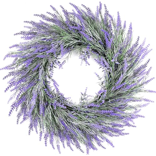 HUZIYAHAN Spring Summer Lavender Door Wreath 21Inch Front Door Wreath All Seasons Wreaths Purple Artificial Lavender Wreaths for Outdoor Outside Indoor Window Home Rustic Farmhouse Decorations - size: 21 inches
