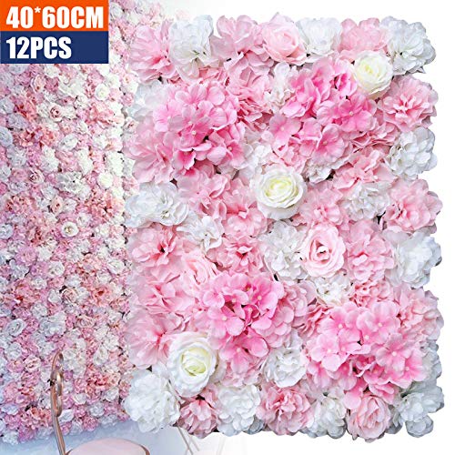 OUKANING 12 Pack Artificial Flower Wall Panels 24" x 16" Pink&White Faux Hydrangea and Rose Artificial Flower Backdrop Panels for Wedding Party Event Flower Wall Decor - color: 12pcs, White+light Pink