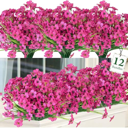 Ouddy Decor 12 Bundles Artificial Flowers for Decorations Fake Silk Plants for Outdoor Indoor UV Resistant Faux Plastic Greenery Stems for Window Garden Porch Home Spring Summer Decoration, Rose Red - color: Rose Red, size: 12 Bundles