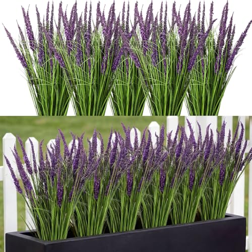 Jexine 10 Pcs Artificial Lavender Outdoor 31.5" Tall Faux Flowers Grass Stems UV Resistant Fake Outdoor Plants for Porch Planter Garden Patio Front Door Home Wedding Decor - color: Purple, size: Spike Lavender
