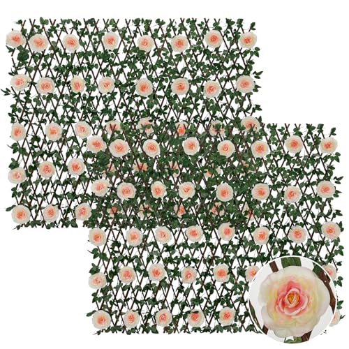 Expandable Fence Privacy Screen with Artificial Flower, Greenery Expandable Stretchable Covers Panel Privacy Fence for Balcony Patio Garden, Single Sided Leaves (Pink Rose, 2 Pack) - color: Pink Rose, size: 2 Pack