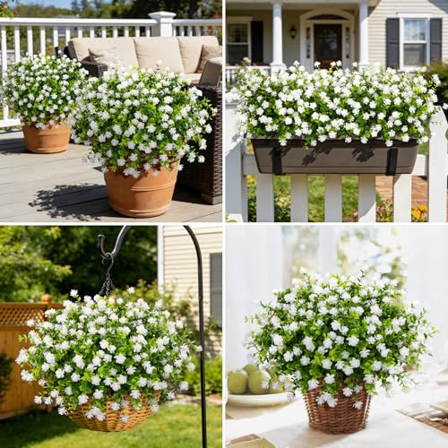 Ouddy Decor 24 Bundles Artificial Flowers for Outdoors Decoration Fake Flowers UV Resistant Faux Plastic Greenery Eucalyptus Plants for Spring Summer Garden Patio Indoor Outdoor Home Decor, White - color: White
