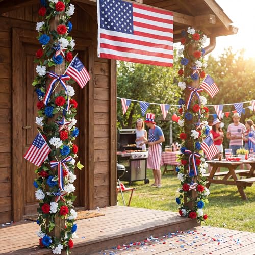 5 ft Red White Blue Flower Garland with Lights for Mantel Patriotic 250th Anniversary 4th of July Garland Decoration Memorial Independence Day Flexible Floral Decor for Door Stair Table - color: Red, White, Blue, style: Patriotic Flower