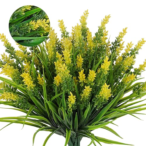 RECUTMS 12 Bundles Artificial Grass Fake Plants Outdoor Fake Grass UV Resistant Greenery Plastic Plants for Home Window Garden Office Patio Hanging Planter Pathway Front Porch Décor(Yellow) - color: Yellow