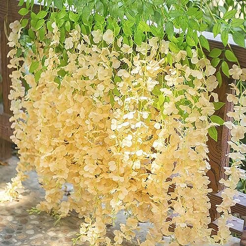 12 Pack Champagne Wisteria Hanging Flowers Garland, 3.77 Feet Artificial Flower Vines, Fake Wisteria, Artificial Vines Hanging Garland for Backdrop Outdoor Yard Garden Decor - color: Champagne, size: 12 PCS