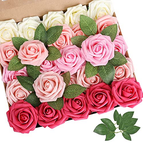 AmyHomie Artificial Flower Seriesa Red Rose 25pcs Real Looking Fake Roses w/Stem for DIY Wedding Bouquets Centerpieces Arrangements Party Baby Shower Valentines Day Christmas Tree Decorations - color: Seriesa Red