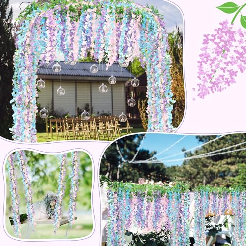 Thiccywoov 4pcs Wisteria Artificial Flowers Garland, 7.2Ft/Piece Wisteria Hanging Flowers Garland for Wedding Arch Decoration Outdoor Ceremony Home Backdrop Garden (Pink,Purple,Blue) - color: Pink, Purple, Blue