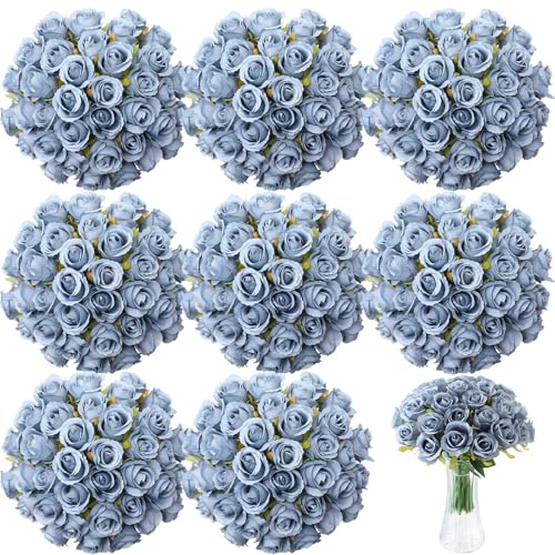 Hoteam 72 Heads Dusty Blue Artificial Rose Flowers 6 Bouquet Wedding Decoration Faux Flower Arrangement Bouquet with Stem Bridal Shower Gift Floral Centerpiece for Tables - color: Blue