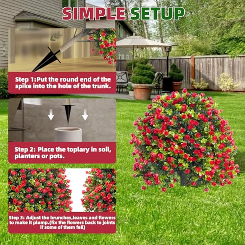 Artificial Red Rose Topiary Ball Tree with Ground Spike, 2 Set of UV Resistant Fake Boxwood Bushes, Fake Evergreen Faux Plant for Indoor Outdoor Porch Garden UV Resistant Fade Proof - color: Rose, size: with Ground Spike