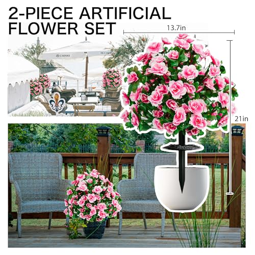 Artificial Flowers for Outdoors, Faux Outdoor Plants Fake Plants Topiary Balls Artificial Outdoor Set of 2 with Ground Spike for Home Front Porch Patio Garden Decor (Pink) - color: Pink
