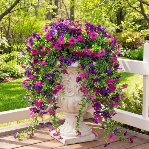 Suncalla 4 Pcs 30In Artificial Hanging Flowers for Outdoor Planter 156 Branches Trailing Faux Potted Plant Fake Floral UV & Fading Resistant for Wedding Patio Spring Summer Decor(Dark Purple, Purple) - color: Dark Purple, Purple