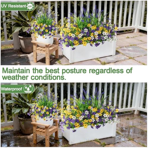 Artificial Flowers for Outdoors UV Resistant, 14 Bundles Fake Flowers Daisy with Lavender Faux Outdoor Plants Silk Flower for Outside Planters Patio Porch Window Garden Yard Spring Summer Decoration - color: Deep Purple Yellow White