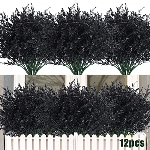 RECUTMS 12 Bundles Artificial Flowers Outdoor UV Resistant Outdoors Fake Plants Faux Plastic Flower in Bulk for Hanging Planters Outside Porch Vase Home Window Decoration(Black) - color: Black, size: 12 Bundles