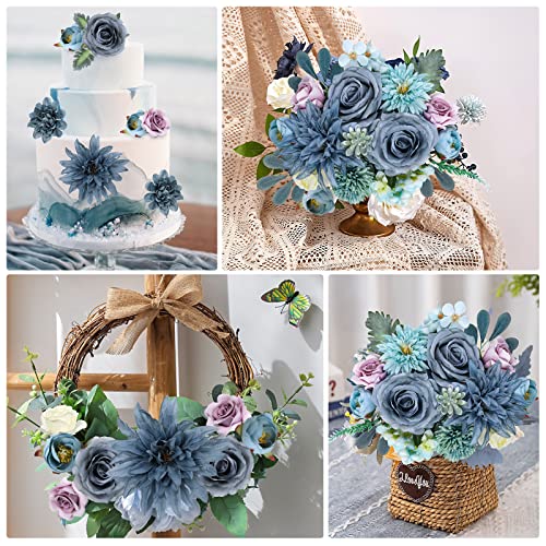 AmyHomie Blue Artificial Flowers Combo Silk Mix Peony Rose Hydrangea Fake Flowers w/Stem for DIY Wedding Bouquets Centerpieces Arrangements Table Decor Party Bridal Baby Shower Home Decorations - color: Blue