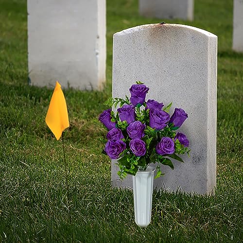 XONOR Artificial Cemetery Flowers, Set of 2 Artificial Rose Bouquet Grave Memorial Flowers with Vase for Cemetery Headstones Decoration (Purple) - color: Purple