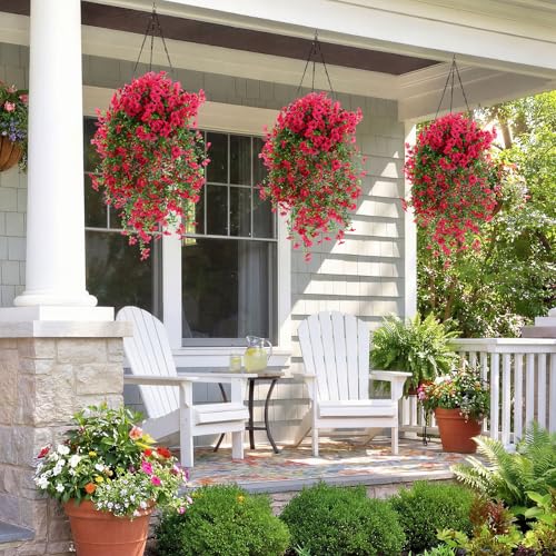 Suncalla 4 Pcs 30In Artificial Hanging Flowers for Outdoor Planter 156 Branches Trailing Faux Potted Plant Fake Floral UV & Fading Resistant for Wedding Patio Spring Summer Decor(Rose Red) - color: Rose Red
