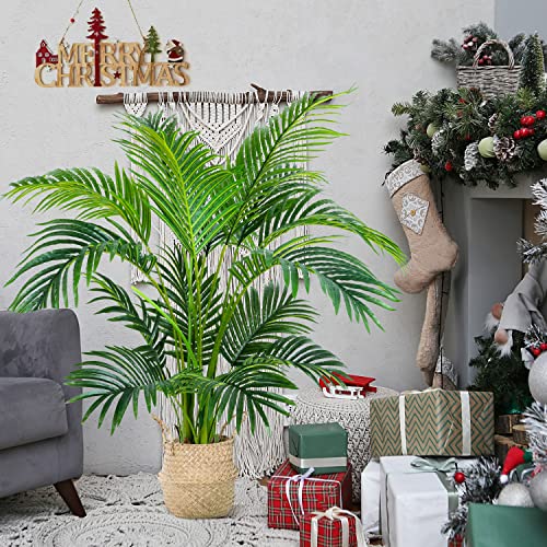 Worth Garden 4ft Artificial Areca Palm Plant 2 Packs in Pot, Fake Cane Palm Silk Tree Indoor Outdoor, Dypsis Lutescens, 47in Lifelike Faux Silk Plant Home Decor, Two Linen Bags Included - size: 2-PACK