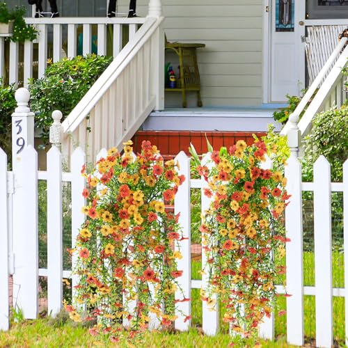 Suncalla 4 Pcs 30In Artificial Hanging Flowers for Outdoor Planter 156 Branches Trailing Faux Potted Plant Fake Floral UV & Fading Resistant for Wedding Patio Spring Summer Decor(Yellow,Orange) - color: Yellow,orange