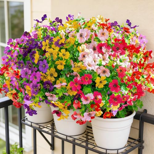 12 Bundles Artificial Flowers for Outdoor UV Resistant and Realistic, Faux Daisy Fake Flowers with Eucalyptus Leaves for Porch, Patio, Planter, Window Box, Home, Garden Decor - color: Six Colors