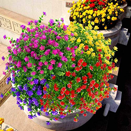 8 Bundles Outdoor Artificial Fake Flowers UV Resistant No Fade Boxwood Faux Plastic Plants for Garden Patio Porch Window Box Home Wedding Farmhouse Décor (Red) - color: Red