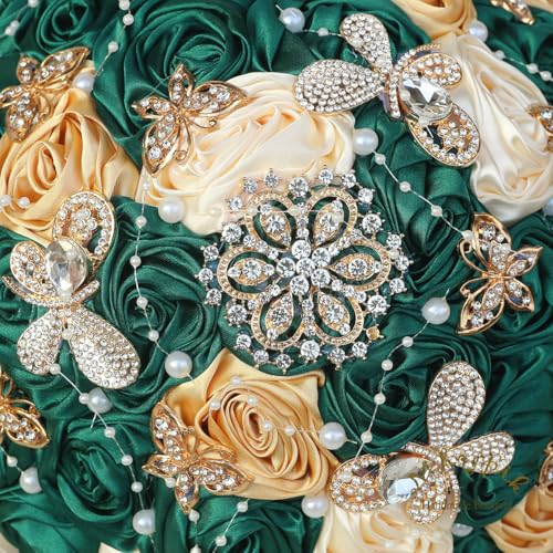 Handmade Wedding Flowers Bouquet Round Holding Bridal Bouquet Artificial Satin Roses Bunch for Bride Bridesmaid Wedding Quinceanera - color: Dark Green, Cream & Light Gold, size: Medium (Dia. 8.7"/22cm)
