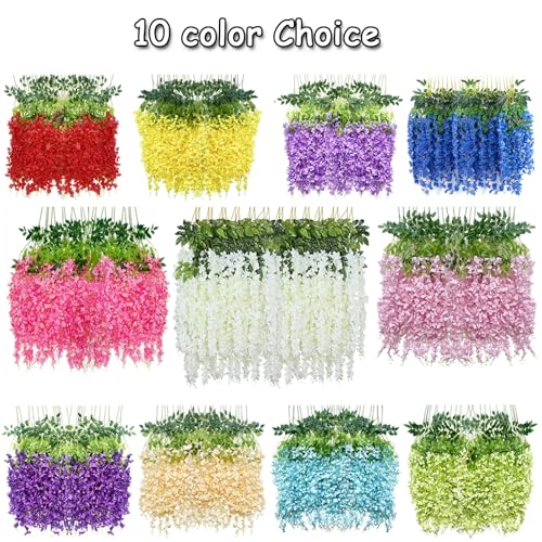 HUAHUA Artificial Wisteria Flowers, White Dense Artificial Fake Wisteria Vine Ratta Hanging Garland Silk Flowers String for Home Party Wedding Decor (24pcs Blue) - color: 24pcs Blue