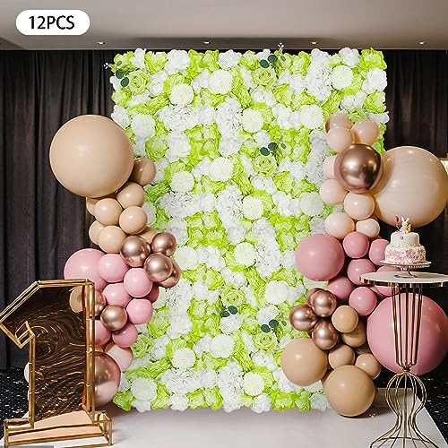 12Pcs Artificial Flower Wall Panel 15" X 15" Flower Wall Decor Backdrop Panels Floral Backdrop Wall Faux Flower Panel for Home Party Wedding Photo Backgdrop Decor (Green, White) - color: Green, White