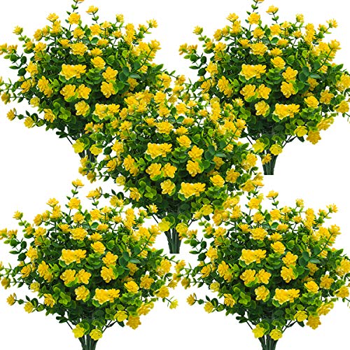 Grunyia 10 Bundles Artificial Fake Flowers, Faux Outdoor Plastic Plants UV Resistant Shrubs Outside Indoor Decorations (Yellow-Eucalyptus) - color: Yellow-eucalyptus